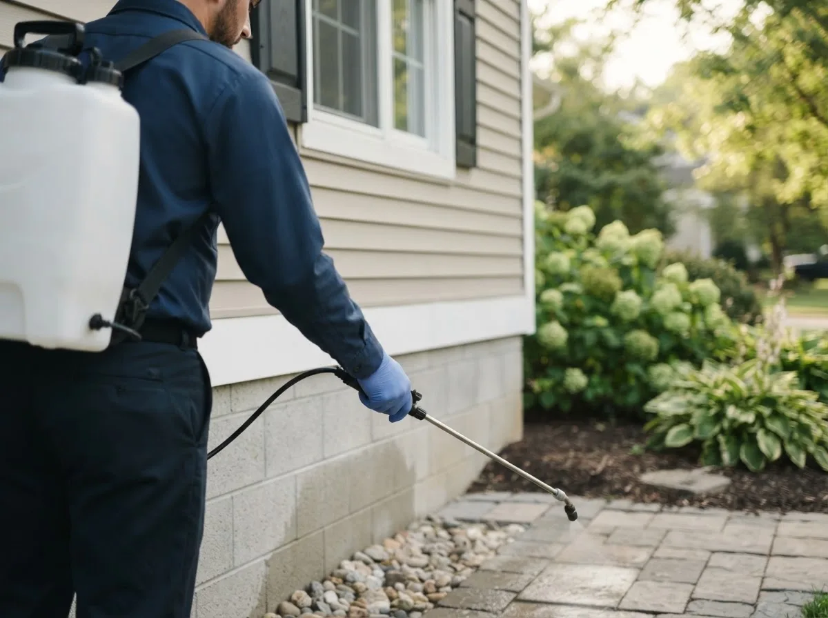 Pest control technician inspecting a home in Gresham, NE